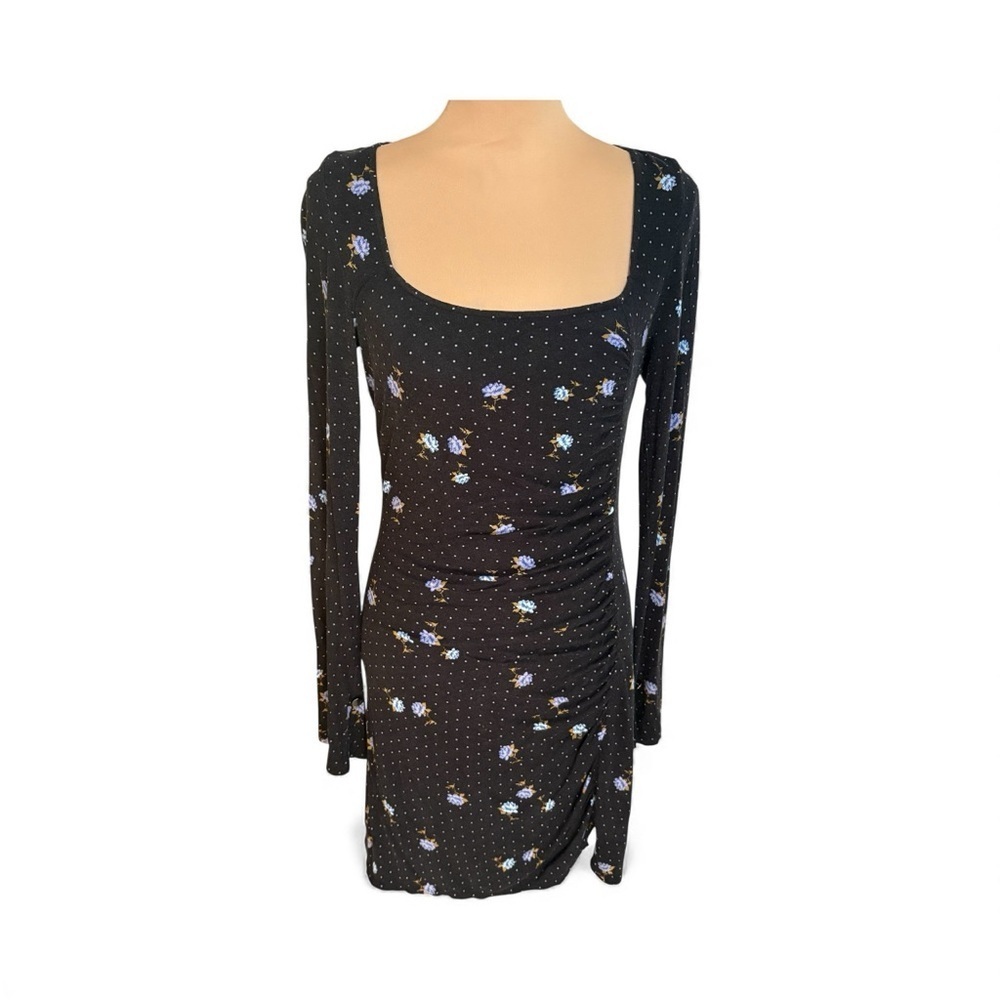 FREE PEOPLE CELIA MINI DRESS BLACK POLKA DOT BLUE FLORAL SIZE SMALL - Picture 3 of 10
